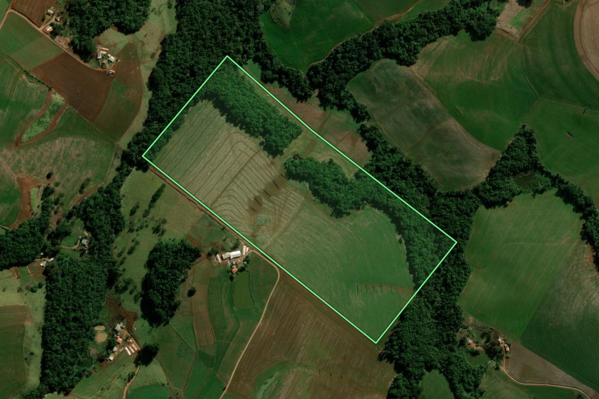 Imagem de satélite do imóvel rural em Pitanga (PR), com o contorno declarado no CAR desenhado por cima.