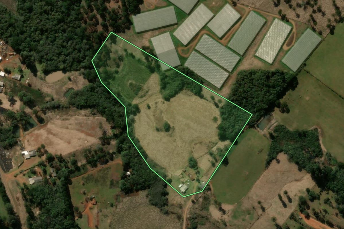Imagem de satélite do imóvel rural em Pitanga (PR), com o contorno declarado no CAR desenhado por cima.