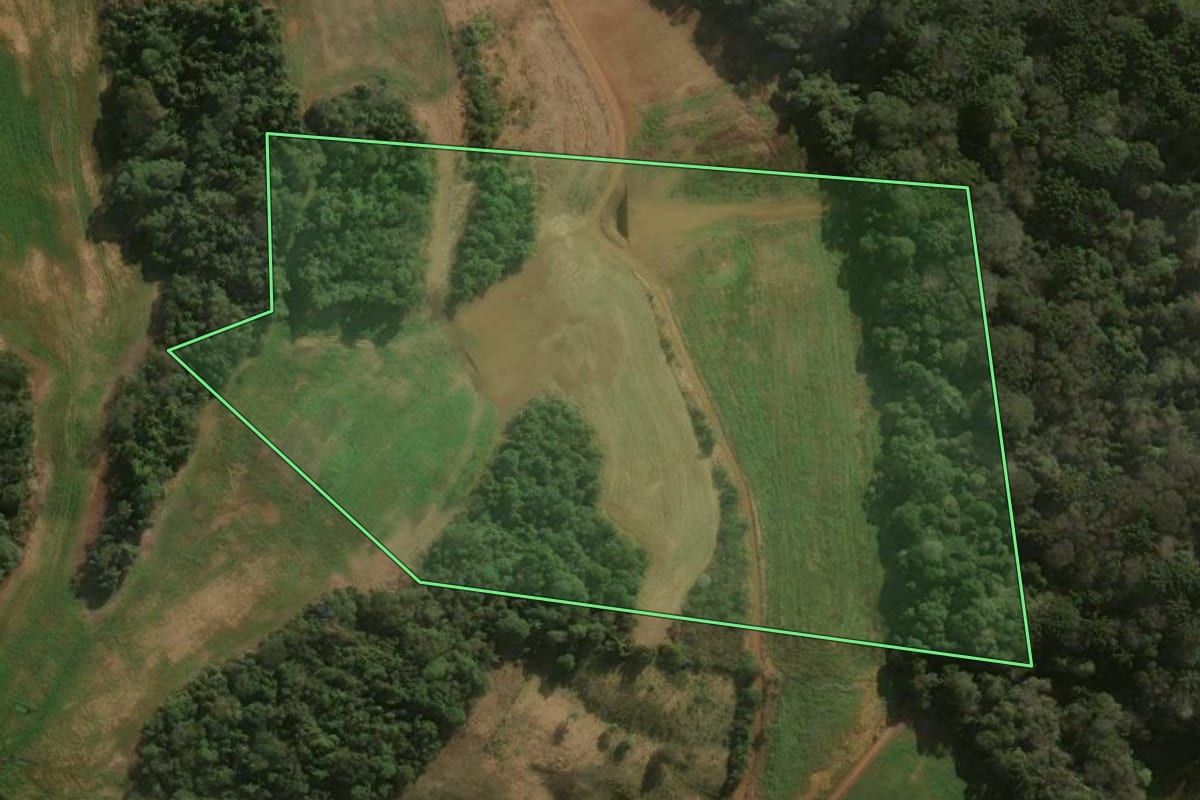 Imagem de satélite do imóvel rural em Pitanga (PR), com o contorno declarado no CAR desenhado por cima.