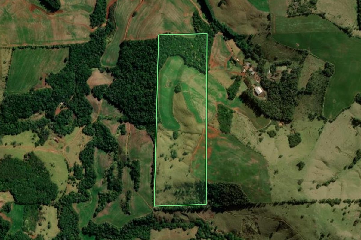 Imagem de satélite do imóvel rural em Pitanga (PR), com o contorno declarado no CAR desenhado por cima.