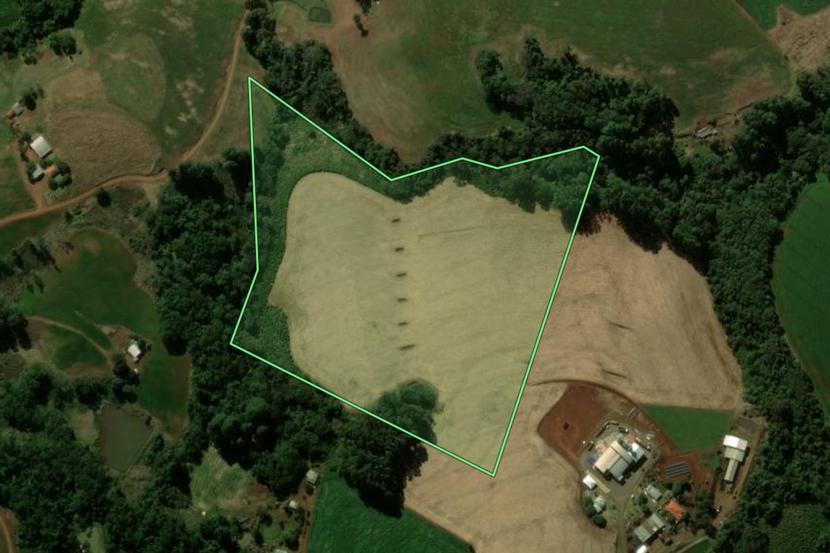 Imagem de satélite do imóvel rural em Pitanga (PR), com o contorno declarado no CAR desenhado por cima.