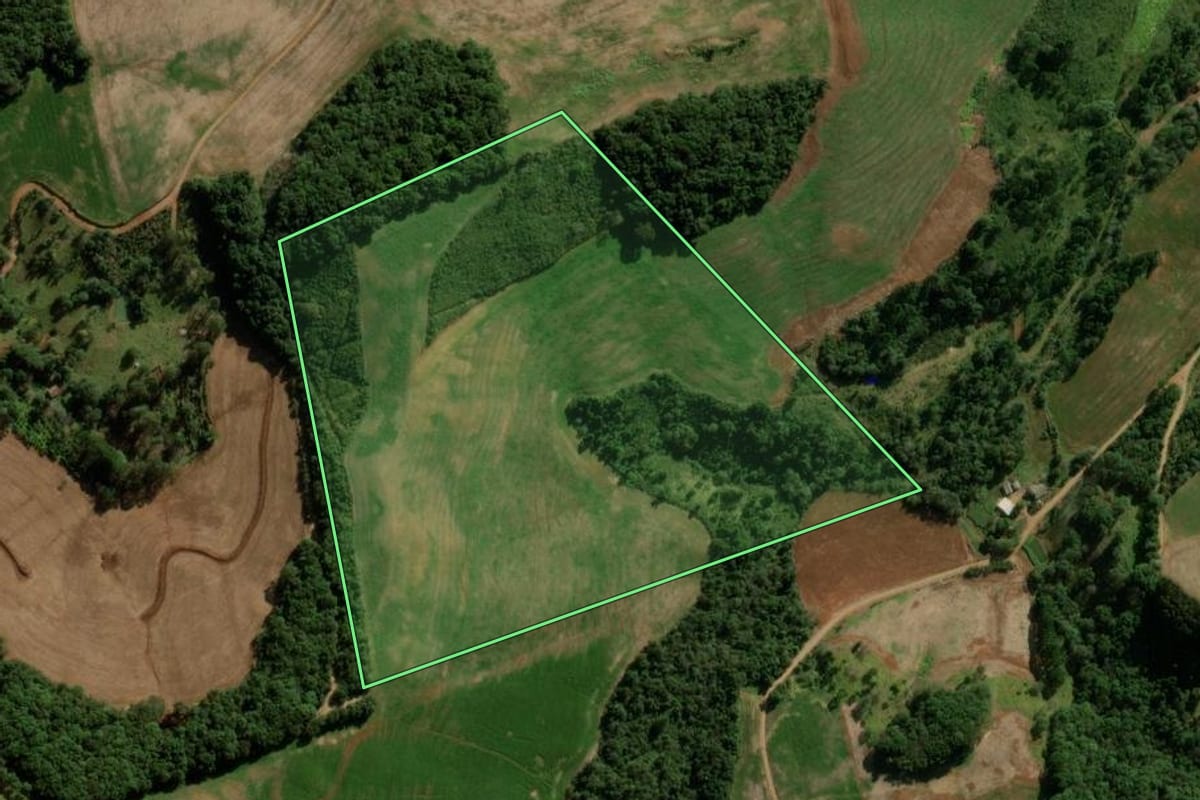 Imagem de satélite do imóvel rural em Pitanga (PR), com o contorno declarado no CAR desenhado por cima.