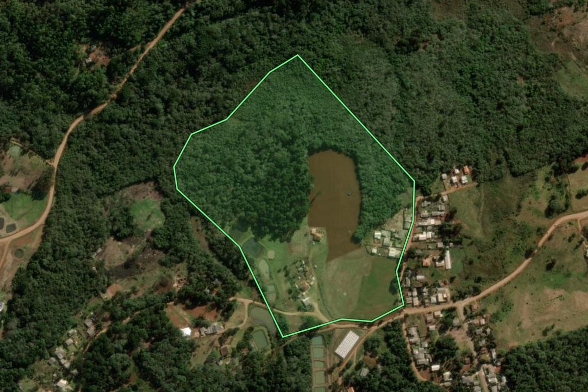 Imagem de satélite do imóvel rural em Pitanga (PR), com o contorno declarado no CAR desenhado por cima.