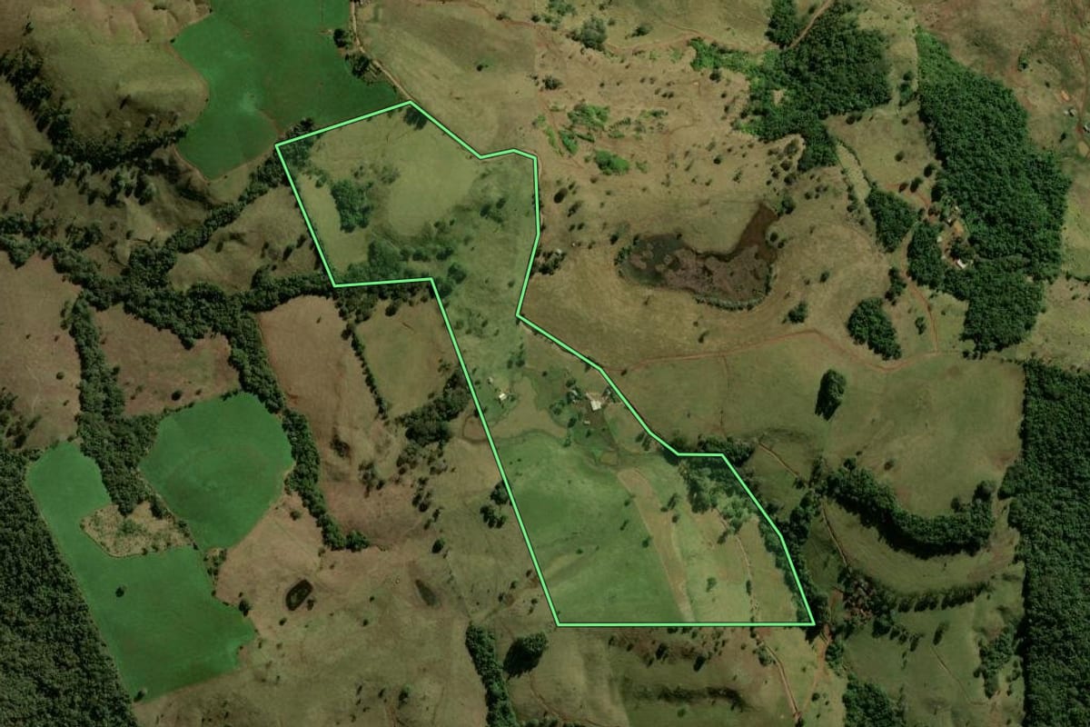 Imagem de satélite do imóvel rural em Pitanga (PR), com o contorno declarado no CAR desenhado por cima.