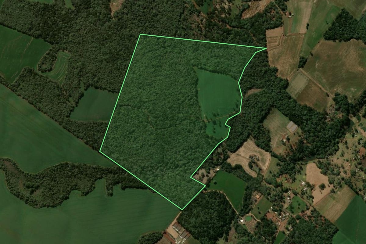 Imagem de satélite do imóvel rural em Pitanga (PR), com o contorno declarado no CAR desenhado por cima.