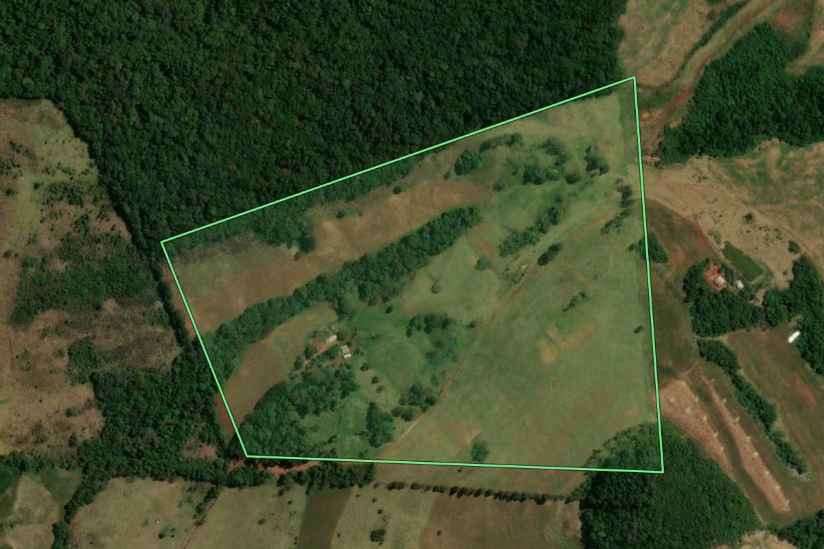 Imagem de satélite do imóvel rural em Pitanga (PR), com o contorno declarado no CAR desenhado por cima.
