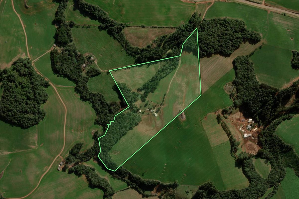 Imagem de satélite do imóvel rural em Pitanga (PR), com o contorno declarado no CAR desenhado por cima.