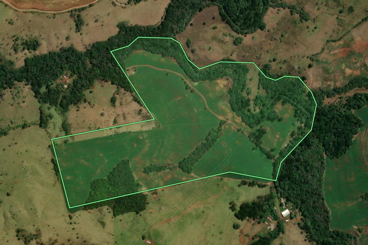 Imagem de satélite do imóvel rural em Pitanga (PR), com o contorno declarado no CAR desenhado por cima.