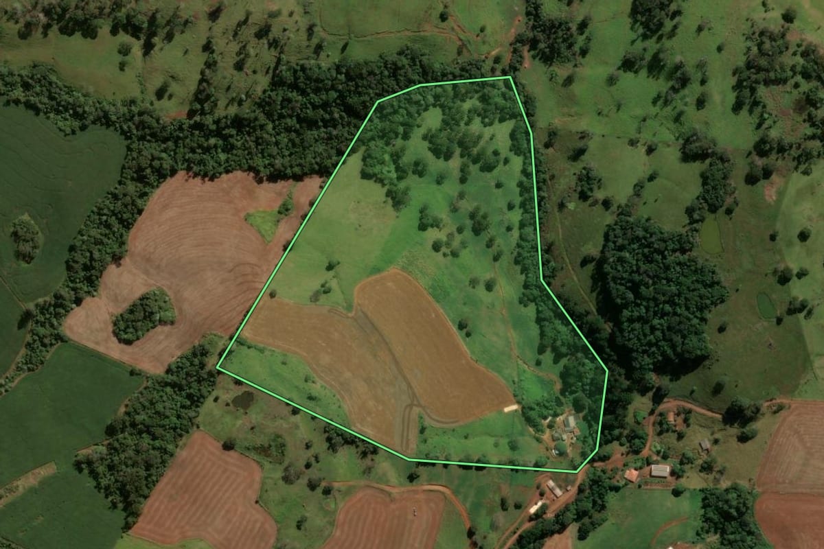 Imagem de satélite do imóvel rural em Pitanga (PR), com o contorno declarado no CAR desenhado por cima.