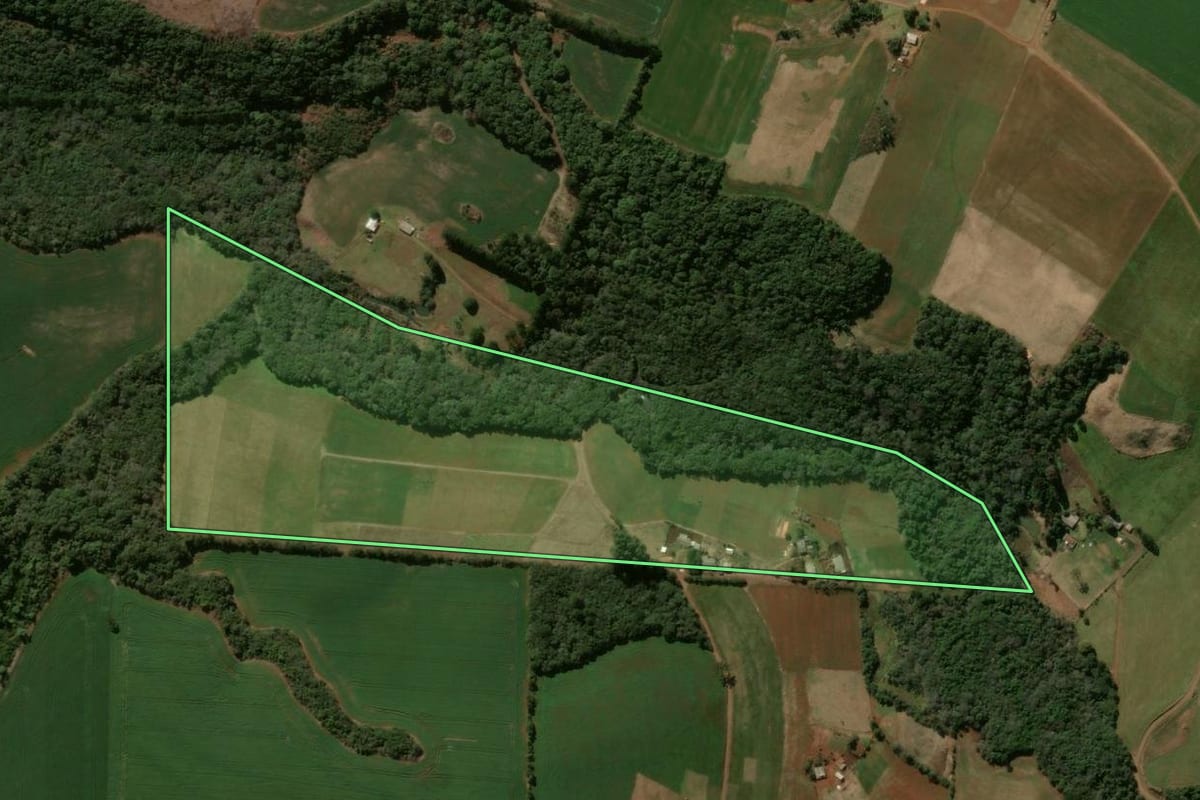 Imagem de satélite do imóvel rural em Pitanga (PR), com o contorno declarado no CAR desenhado por cima.