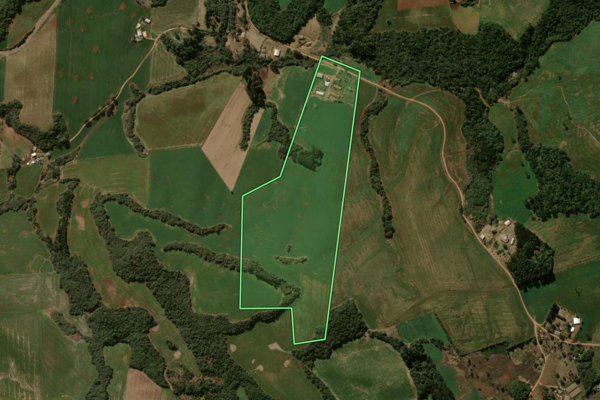 Imagem de satélite do imóvel rural em Pitanga (PR), com o contorno declarado no CAR desenhado por cima.