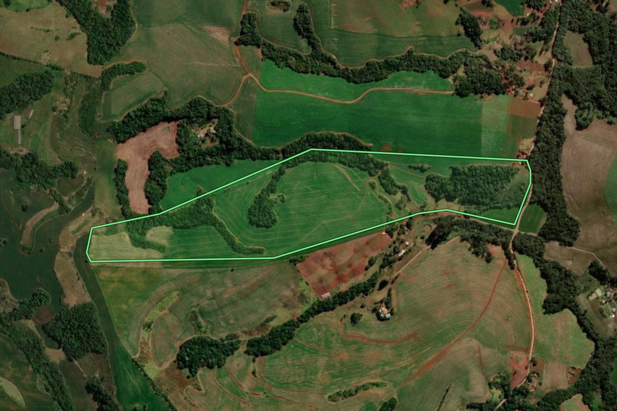 Imagem de satélite do imóvel rural em Pitanga (PR), com o contorno declarado no CAR desenhado por cima.