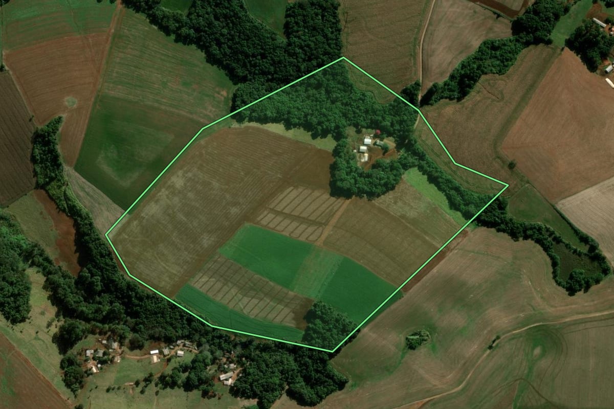 Imagem de satélite do imóvel rural em Pitanga (PR), com o contorno declarado no CAR desenhado por cima.