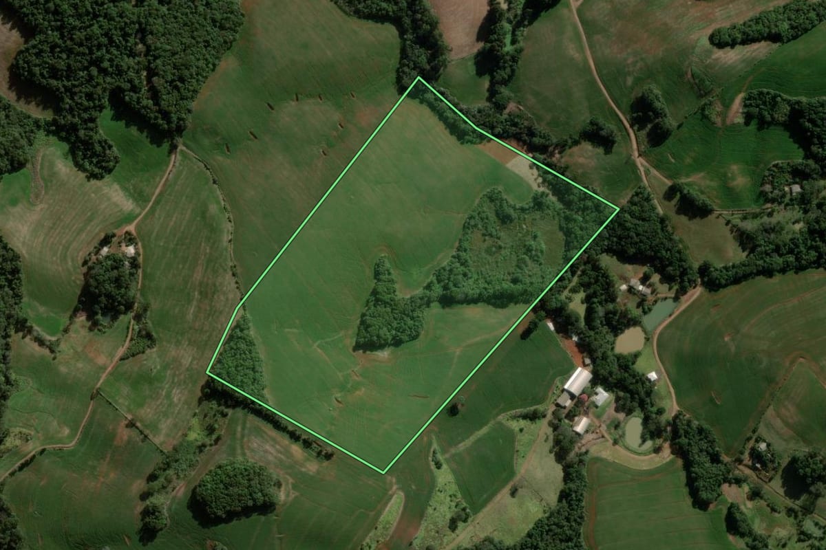 Imagem de satélite do imóvel rural em Pitanga (PR), com o contorno declarado no CAR desenhado por cima.