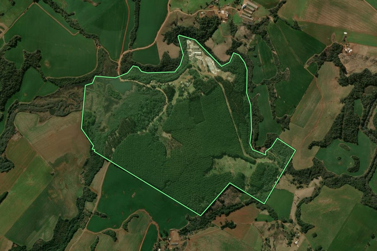 Imagem de satélite do imóvel rural em Pitanga (PR), com o contorno declarado no CAR desenhado por cima.