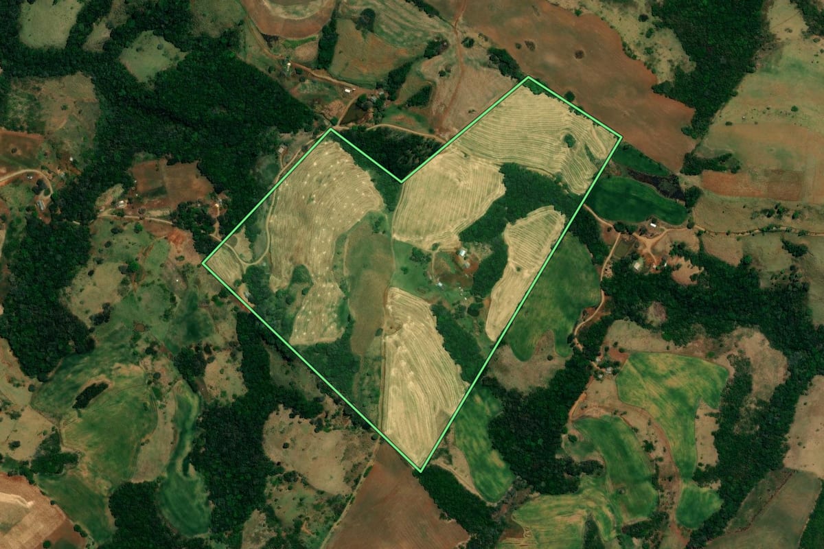 Imagem de satélite do imóvel rural em Pitanga (PR), com o contorno declarado no CAR desenhado por cima.