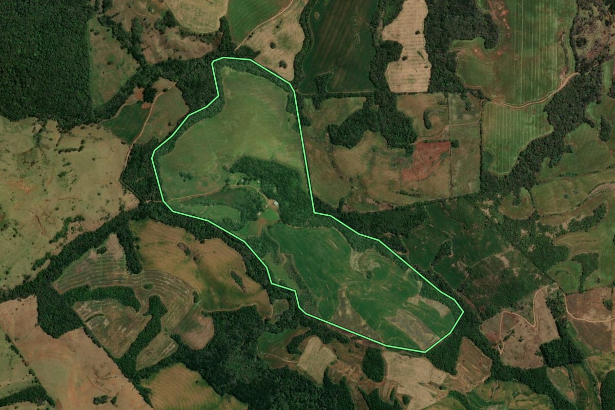 Imagem de satélite do imóvel rural em Pitanga (PR), com o contorno declarado no CAR desenhado por cima.