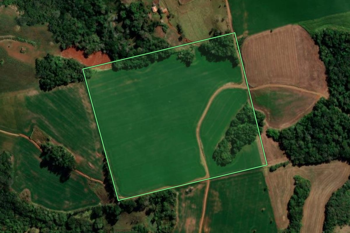 Imagem de satélite do imóvel rural em Pitanga (PR), com o contorno declarado no CAR desenhado por cima.