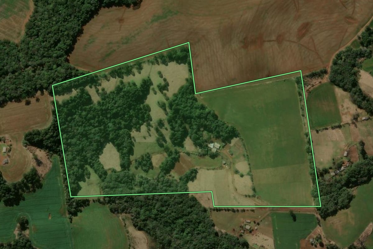 Imagem de satélite do imóvel rural em Pitanga (PR), com o contorno declarado no CAR desenhado por cima.