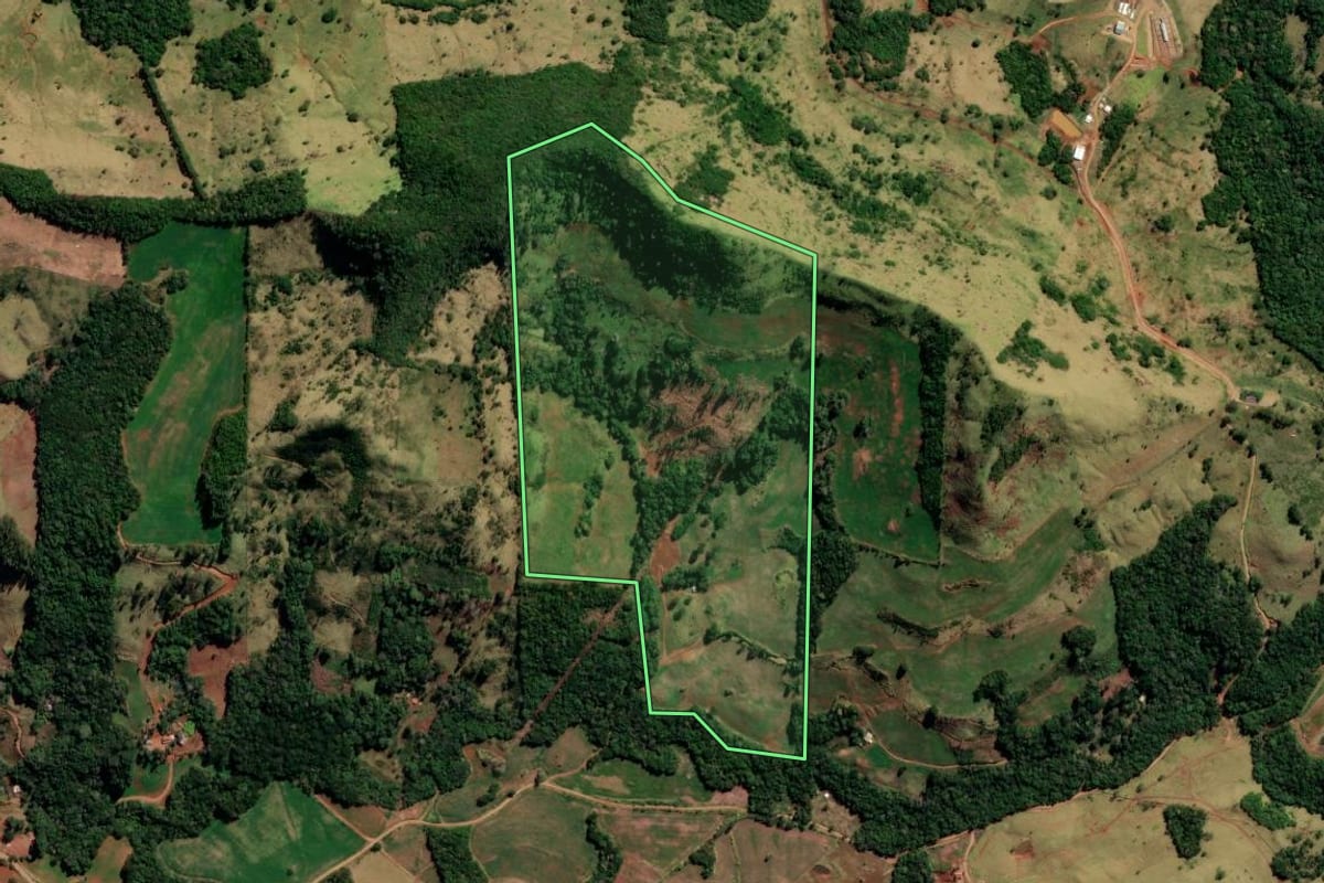 Imagem de satélite do imóvel rural em Pitanga (PR), com o contorno declarado no CAR desenhado por cima.