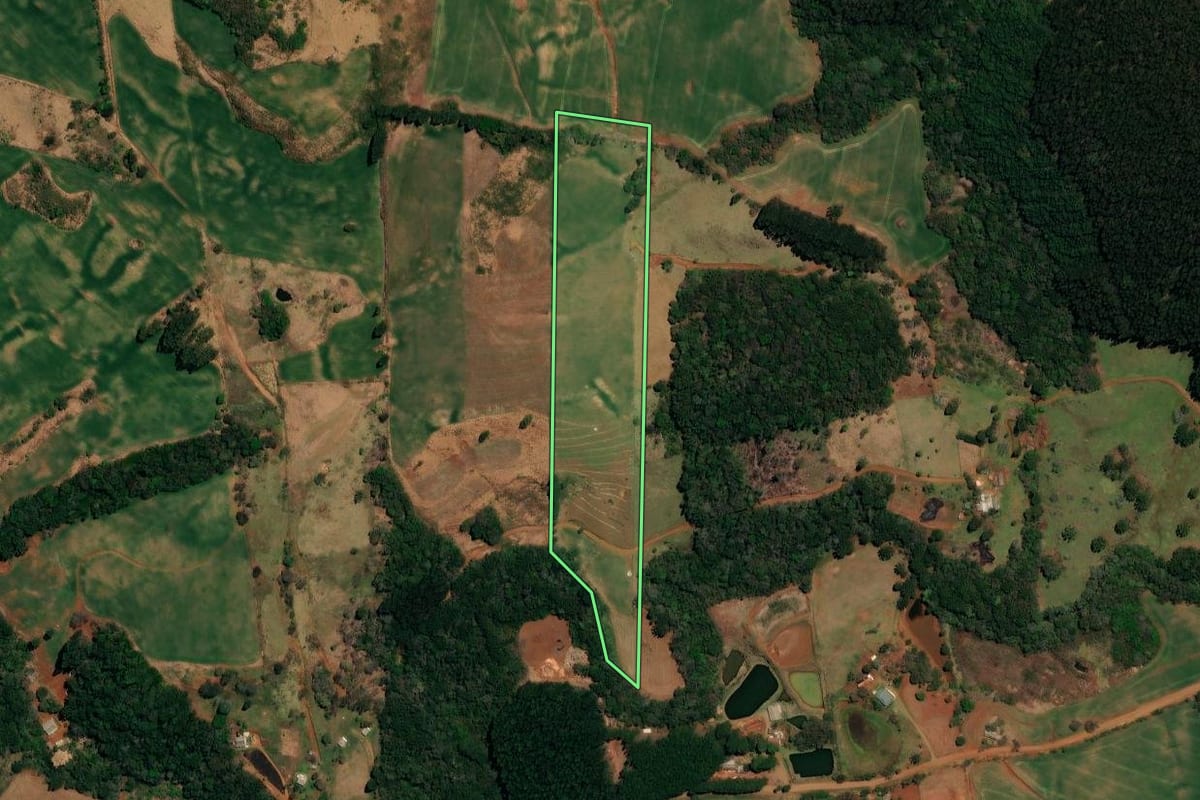 Imagem de satélite do imóvel rural em Pitanga (PR), com o contorno declarado no CAR desenhado por cima.