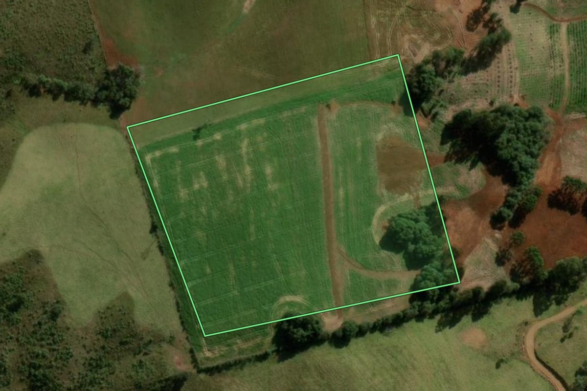 Imagem de satélite do imóvel rural em Pitanga (PR), com o contorno declarado no CAR desenhado por cima.