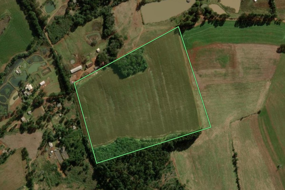Imagem de satélite do imóvel rural em Pitanga (PR), com o contorno declarado no CAR desenhado por cima.