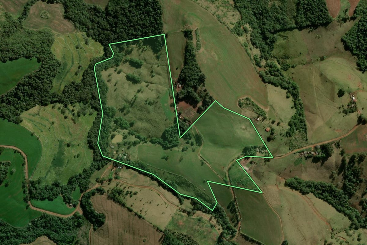 Imagem de satélite do imóvel rural em Pitanga (PR), com o contorno declarado no CAR desenhado por cima.