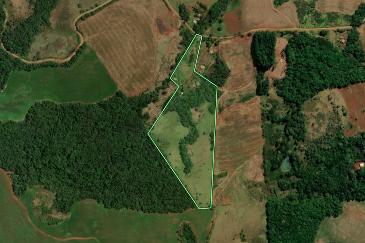 Imagem de satélite do imóvel rural em Pitanga (PR), com o contorno declarado no CAR desenhado por cima.
