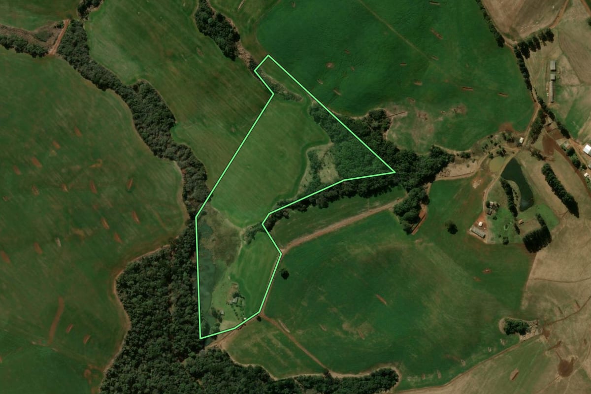 Imagem de satélite do imóvel rural em Pitanga (PR), com o contorno declarado no CAR desenhado por cima.
