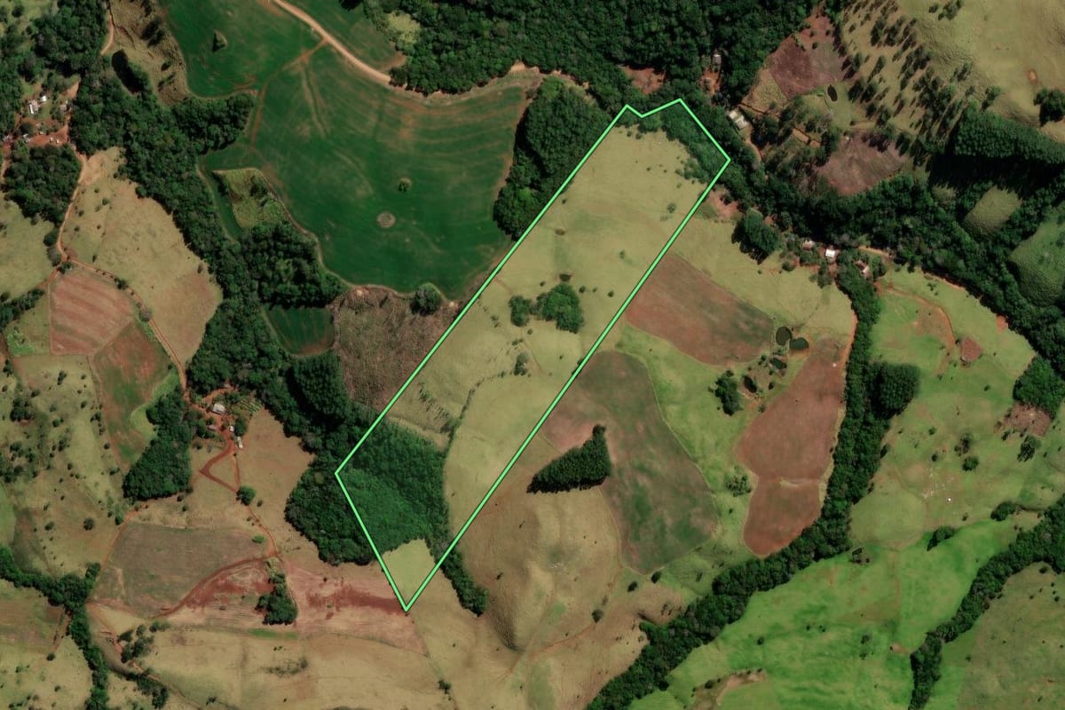 Imagem de satélite do imóvel rural em Pitanga (PR), com o contorno declarado no CAR desenhado por cima.