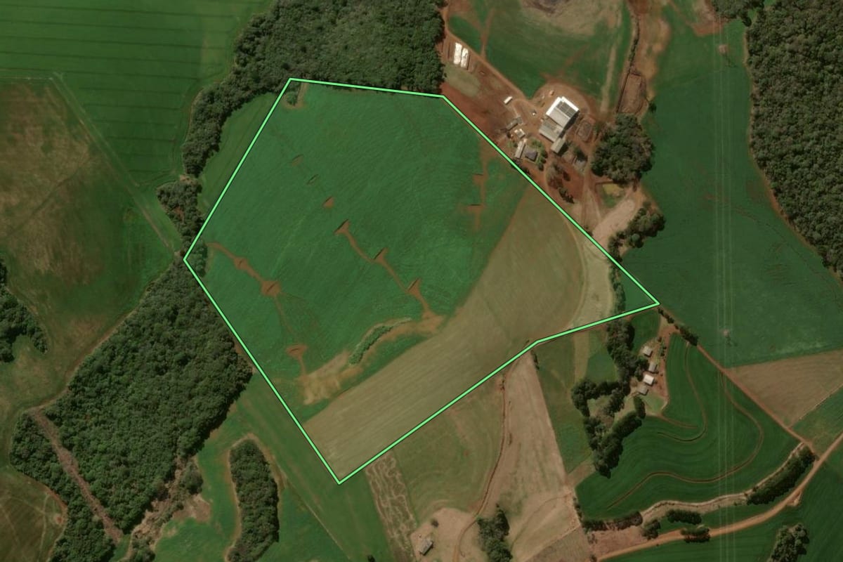 Imagem de satélite do imóvel rural em Pitanga (PR), com o contorno declarado no CAR desenhado por cima.