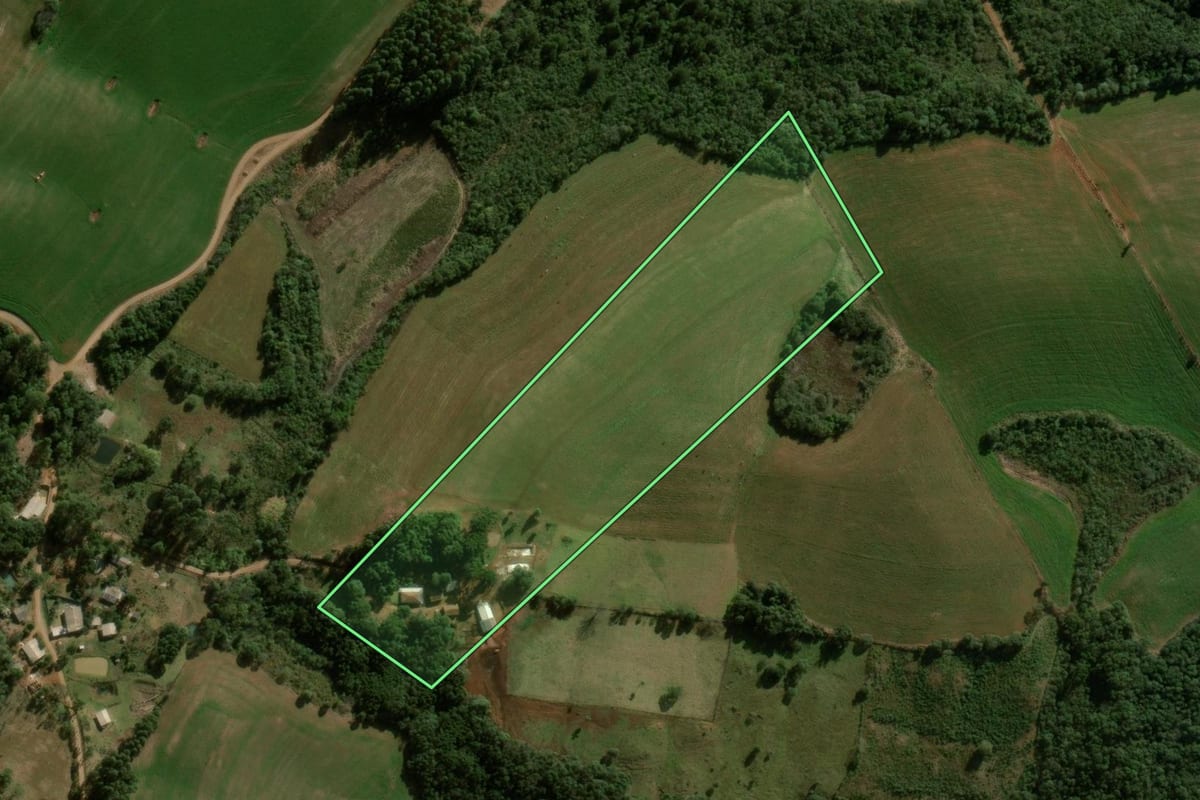 Imagem de satélite do imóvel rural em Pitanga (PR), com o contorno declarado no CAR desenhado por cima.