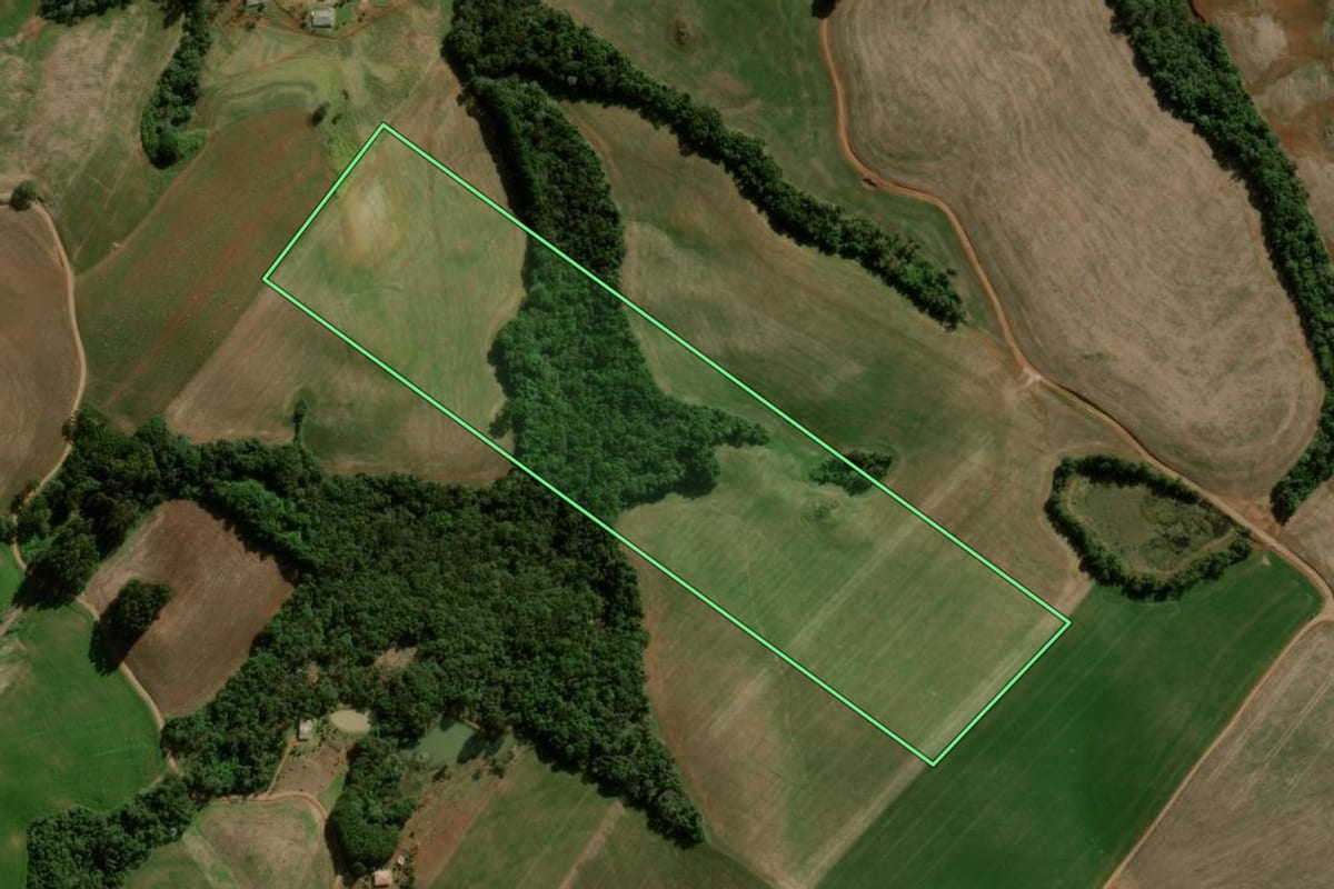 Imagem de satélite do imóvel rural em Pitanga (PR), com o contorno declarado no CAR desenhado por cima.
