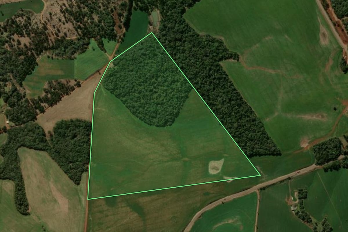 Imagem de satélite do imóvel rural em Pitanga (PR), com o contorno declarado no CAR desenhado por cima.
