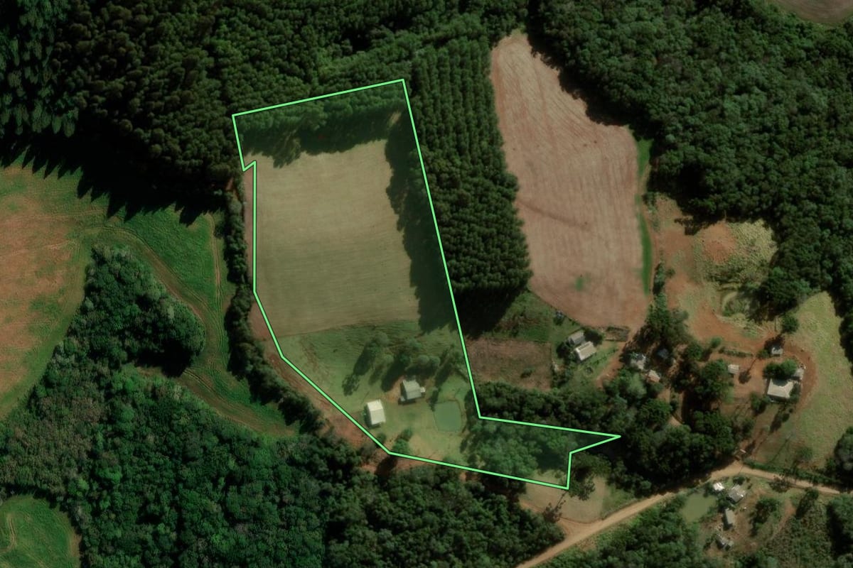 Imagem de satélite do imóvel rural em Pitanga (PR), com o contorno declarado no CAR desenhado por cima.