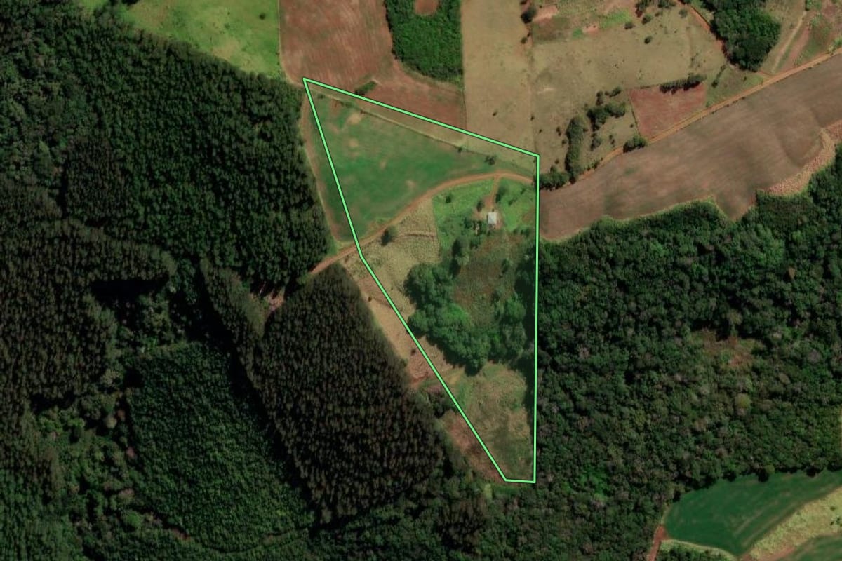 Imagem de satélite do imóvel rural em Pitanga (PR), com o contorno declarado no CAR desenhado por cima.