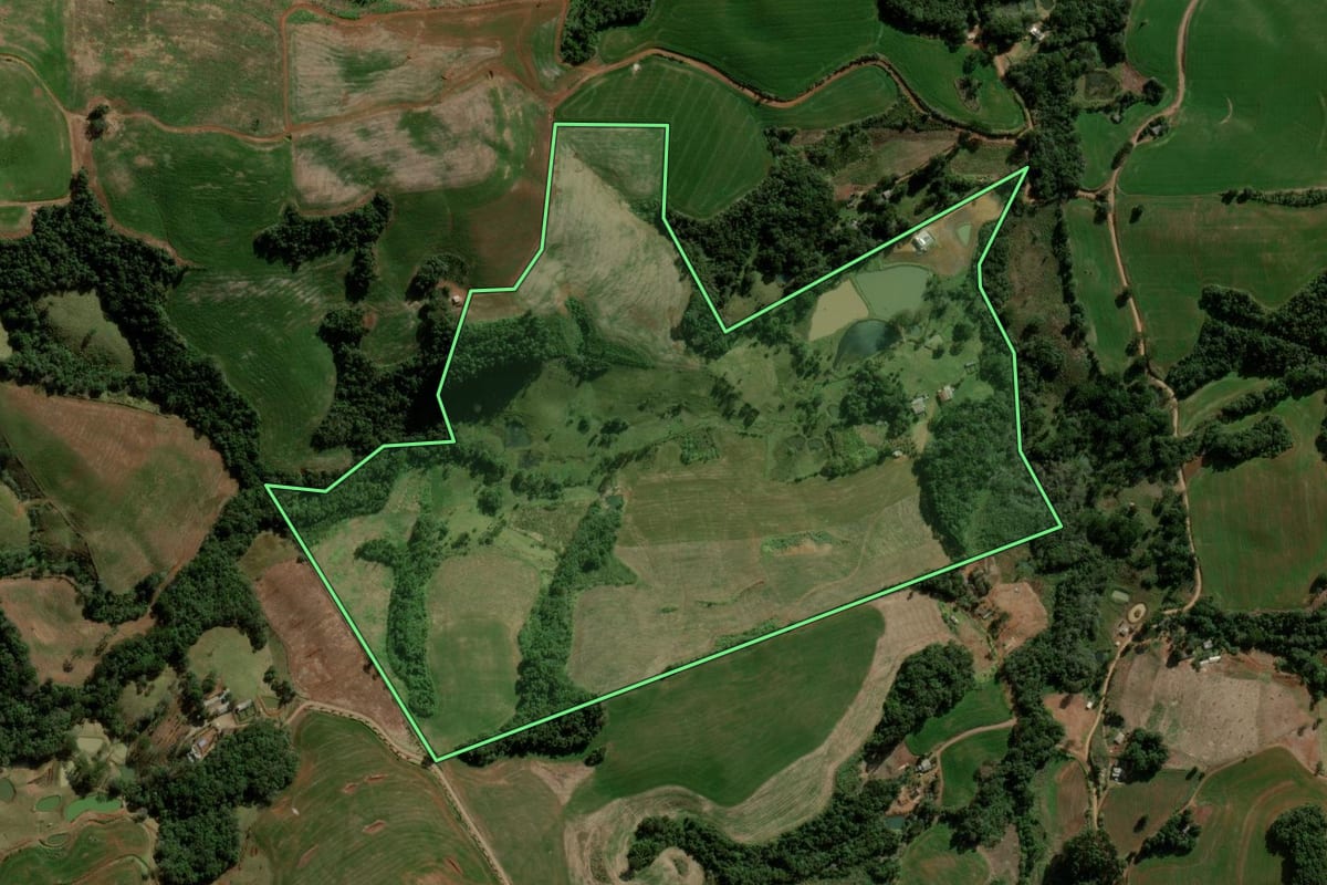 Imagem de satélite do imóvel rural em Pitanga (PR), com o contorno declarado no CAR desenhado por cima.