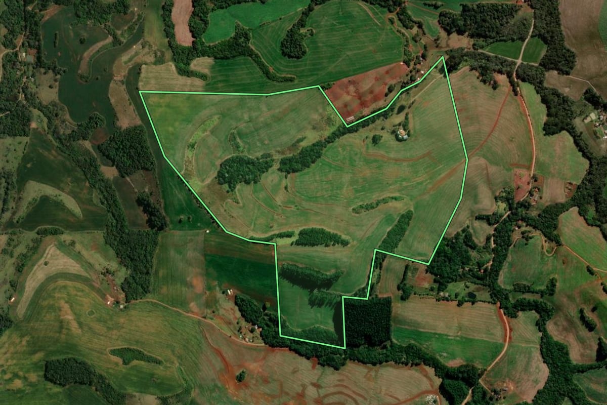 Imagem de satélite do imóvel rural em Pitanga (PR), com o contorno declarado no CAR desenhado por cima.