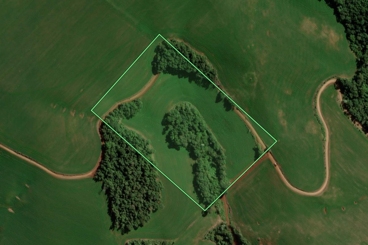 Imagem de satélite do imóvel rural em Pitanga (PR), com o contorno declarado no CAR desenhado por cima.