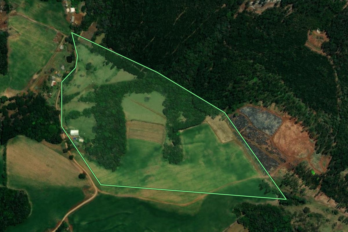 Imagem de satélite do imóvel rural em Pitanga (PR), com o contorno declarado no CAR desenhado por cima.