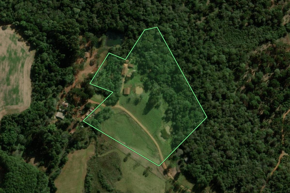 Imagem de satélite do imóvel rural em Pitanga (PR), com o contorno declarado no CAR desenhado por cima.