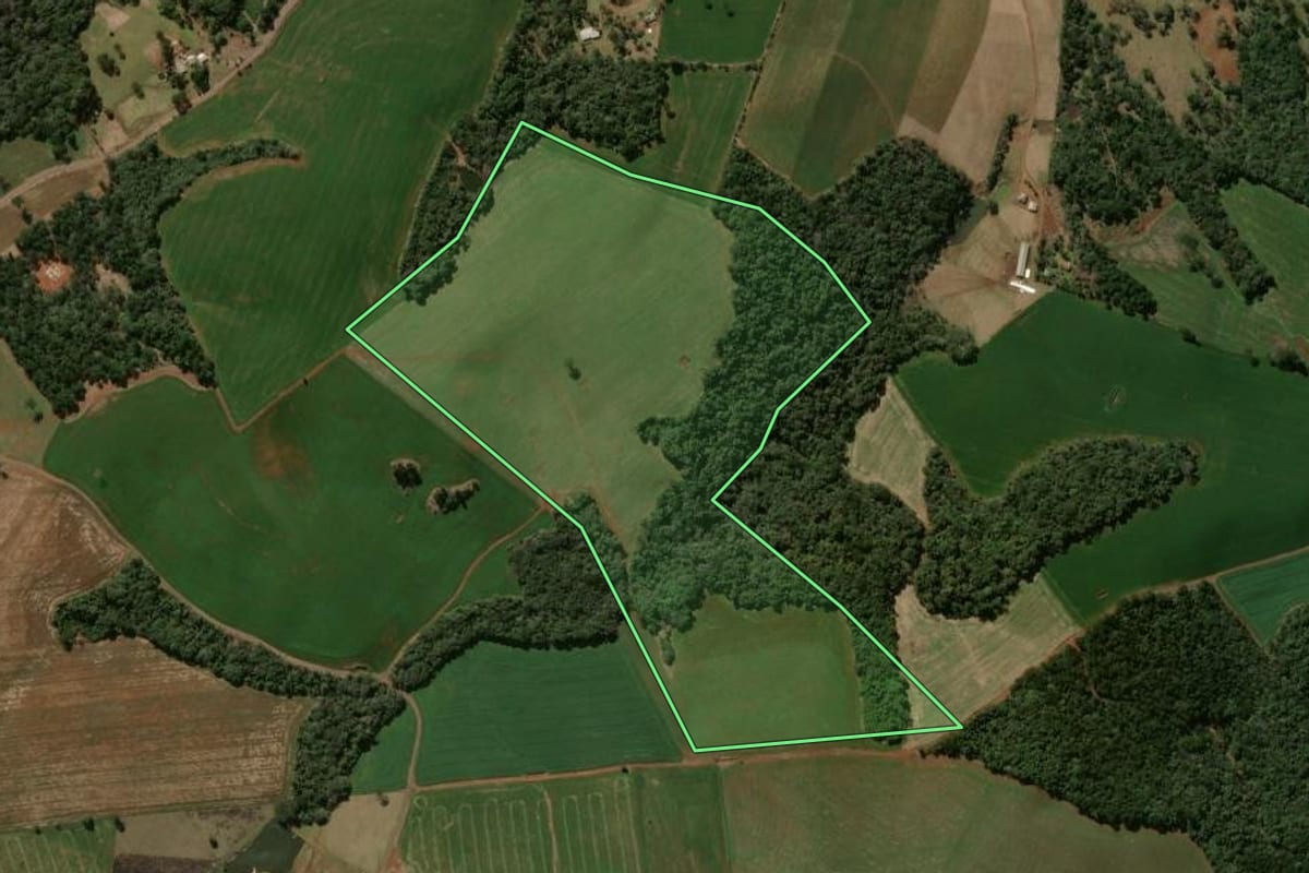 Imagem de satélite do imóvel rural em Pitanga (PR), com o contorno declarado no CAR desenhado por cima.