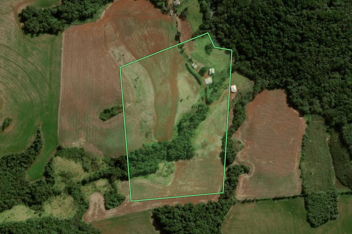 Imagem de satélite do imóvel rural em Pitanga (PR), com o contorno declarado no CAR desenhado por cima.