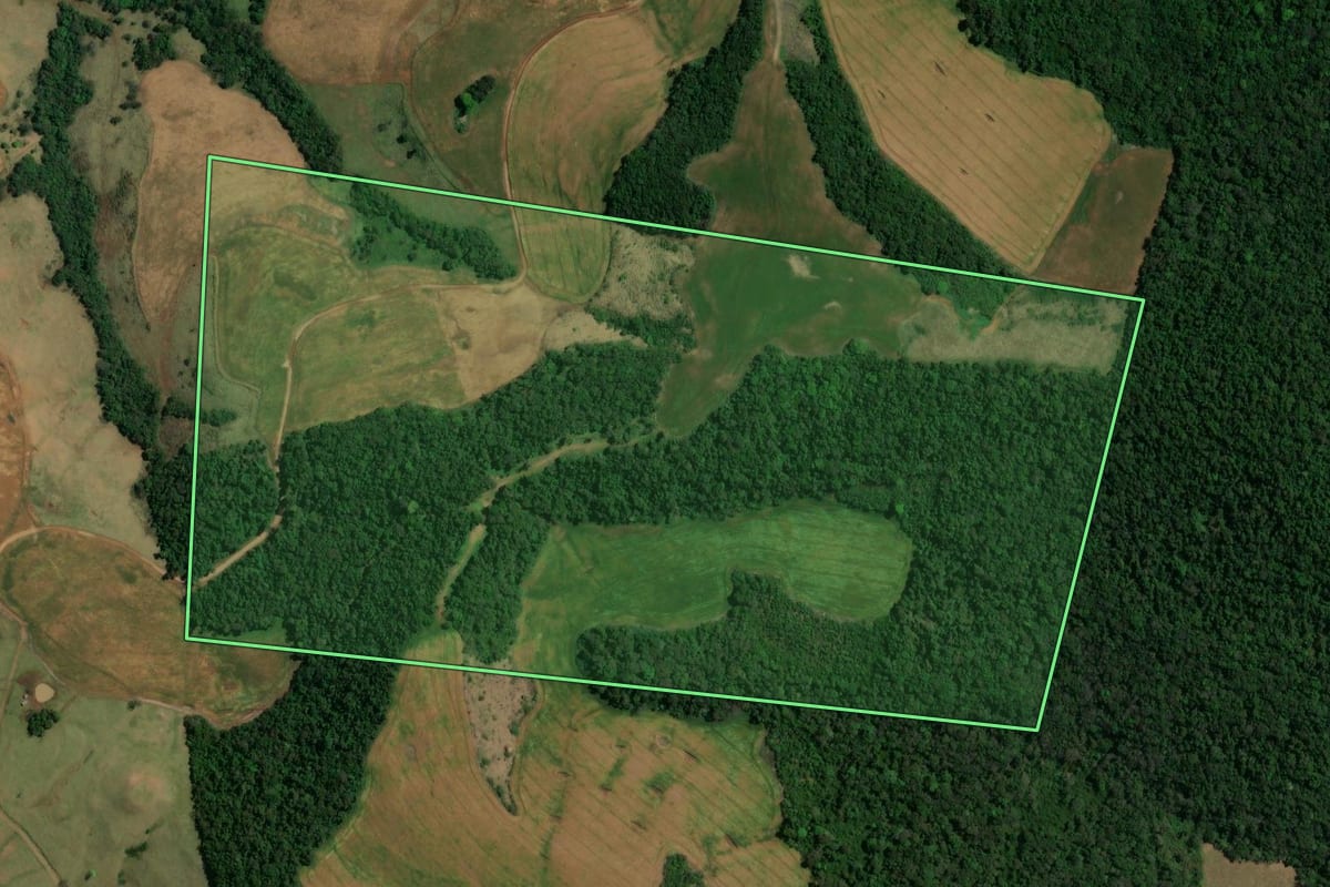 Imagem de satélite do imóvel rural em Pitanga (PR), com o contorno declarado no CAR desenhado por cima.