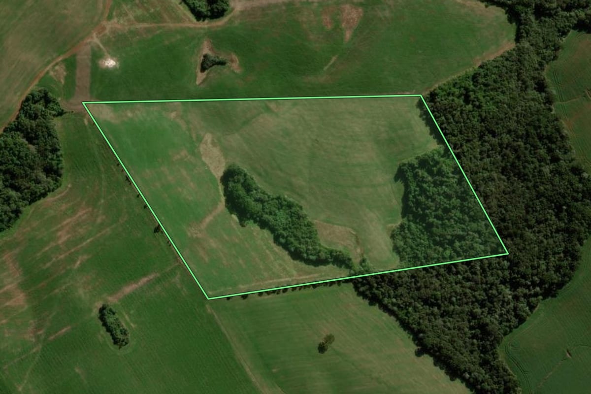 Imagem de satélite do imóvel rural em Pitanga (PR), com o contorno declarado no CAR desenhado por cima.
