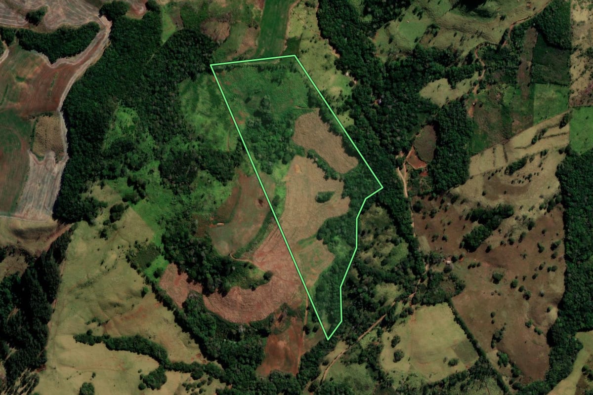Imagem de satélite do imóvel rural em Pitanga (PR), com o contorno declarado no CAR desenhado por cima.