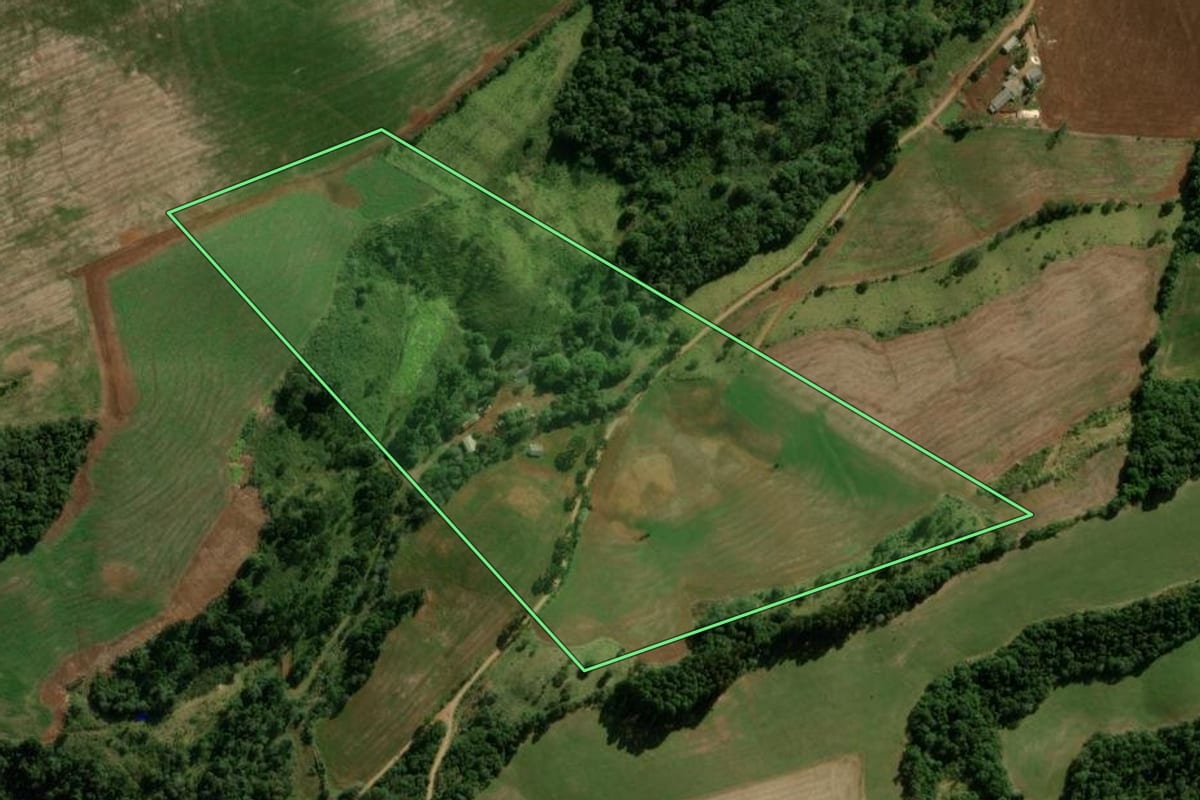 Imagem de satélite do imóvel rural em Pitanga (PR), com o contorno declarado no CAR desenhado por cima.