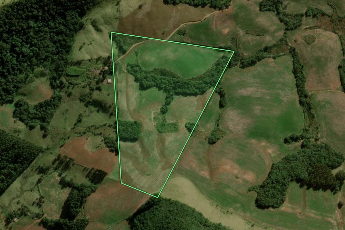Imagem de satélite do imóvel rural em Pitanga (PR), com o contorno declarado no CAR desenhado por cima.