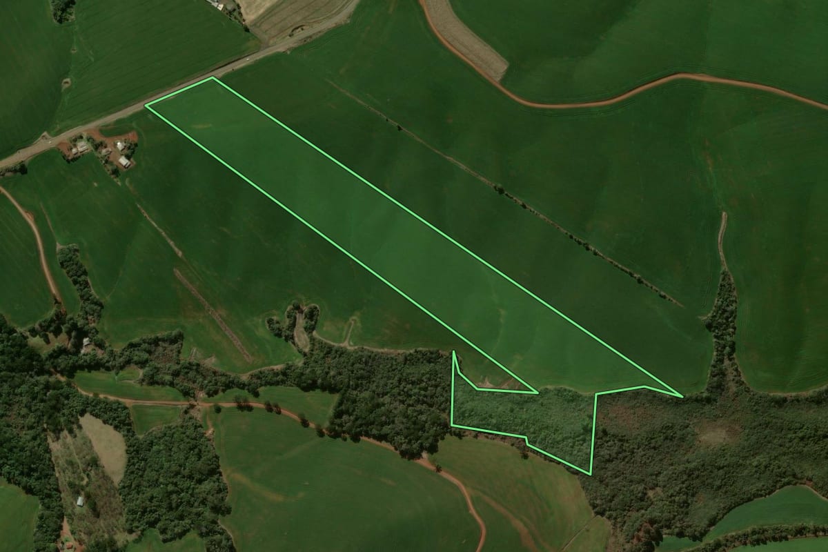 Imagem de satélite do imóvel rural em Pitanga (PR), com o contorno declarado no CAR desenhado por cima.